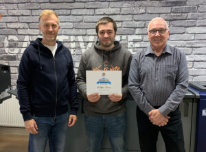 Print Scotland Apprentice Award winner 2022 Christopher Dinnes from Captivate Creative with Managing Director Andrew Dinnes (left) and print trainer Jim Mckenzie (right).